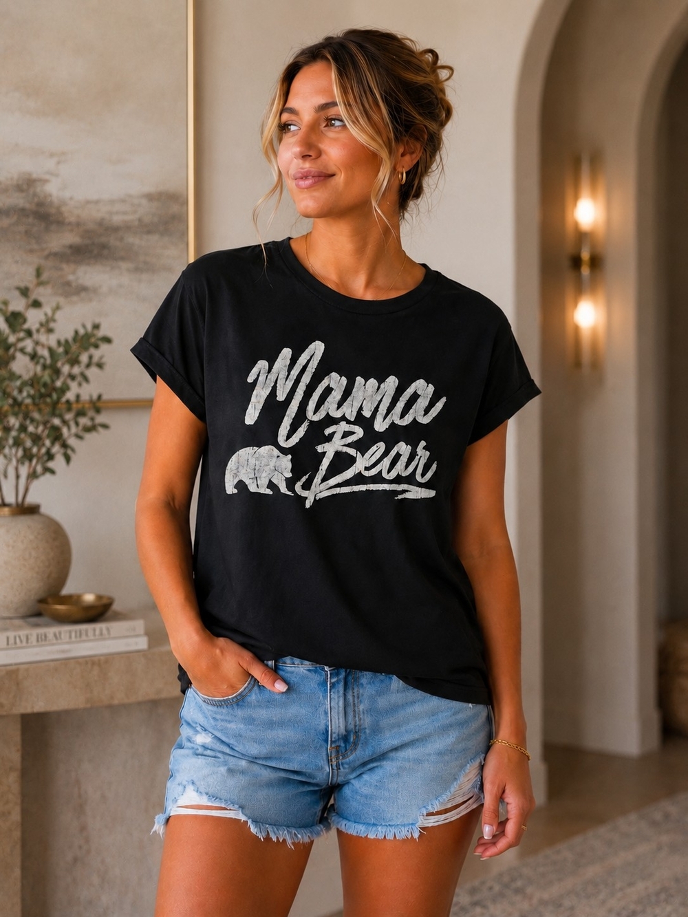Mama Bear Black Graphic Tee Women's Size M